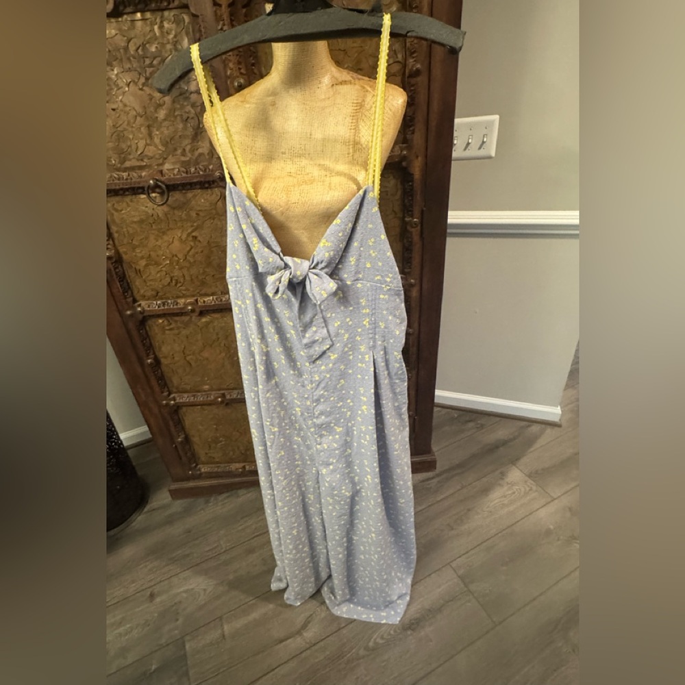 Free People Light Blue Sundress jumpsuit with Yellow Tie Straps XL
